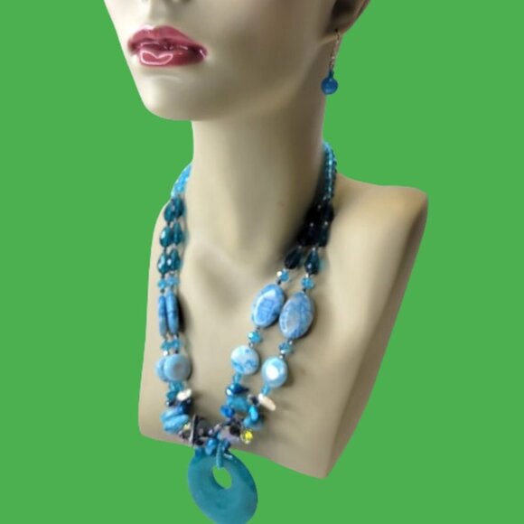 Chunky Blue Necklace Double Strand Beaded Necklace - Picture 3 of 13